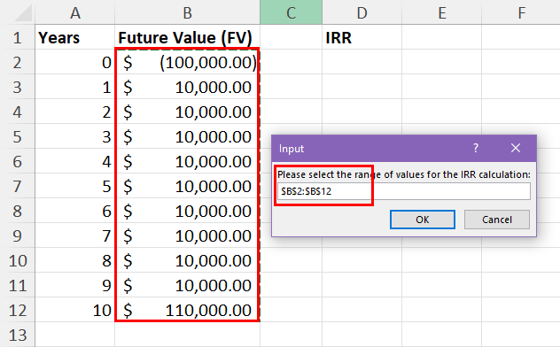 Input box for Values in IRR