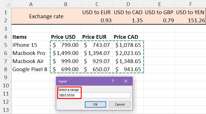 Input box for cell range
