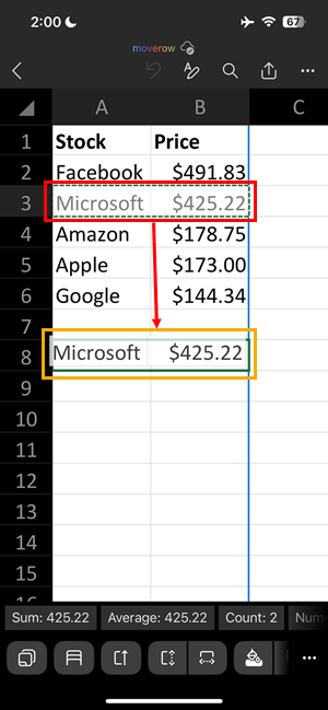 Move row in Excel iOS