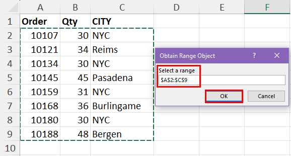 Obtain range object