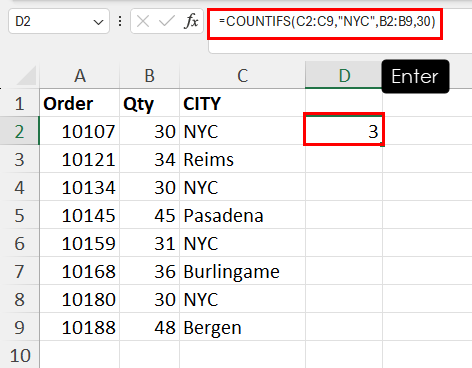 Occurrences of NYC using COUNTIFS