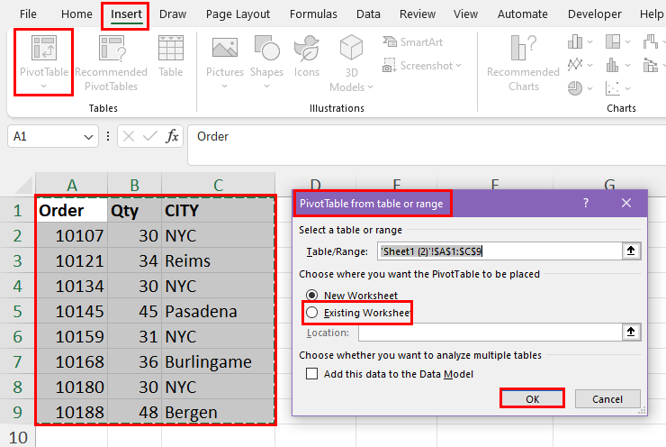 PivotTable from table or range
