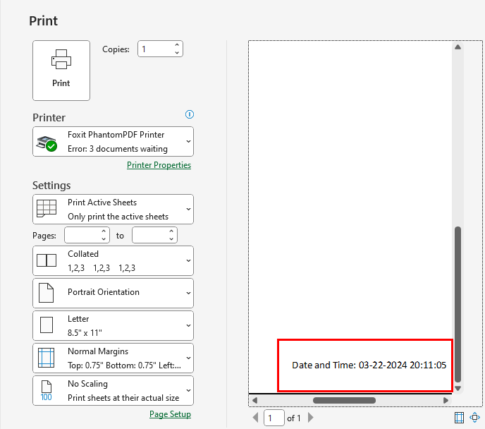 Print preview showing date and time as footer