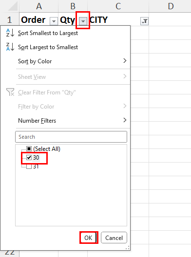 Qty filter by 30