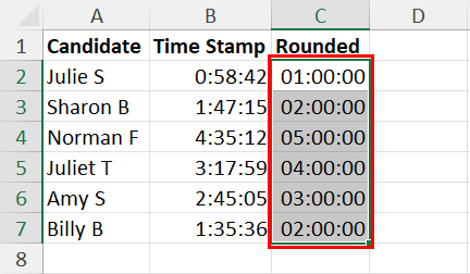 Round up fractional time to hour in Excel