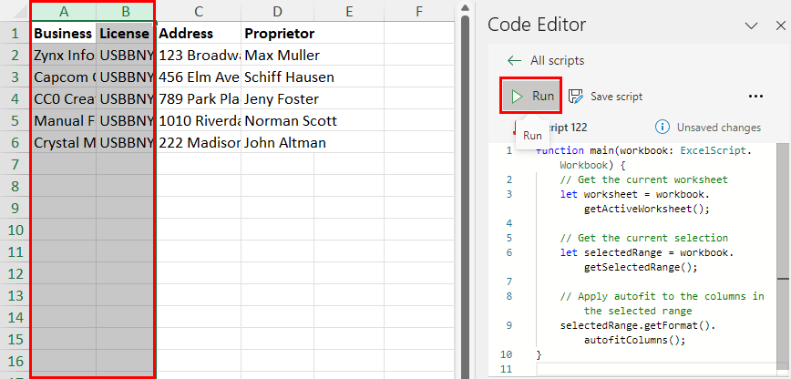 Select columns and run script