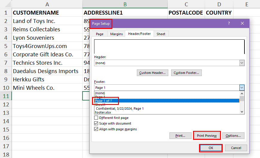 Selecting a Footer in Excel