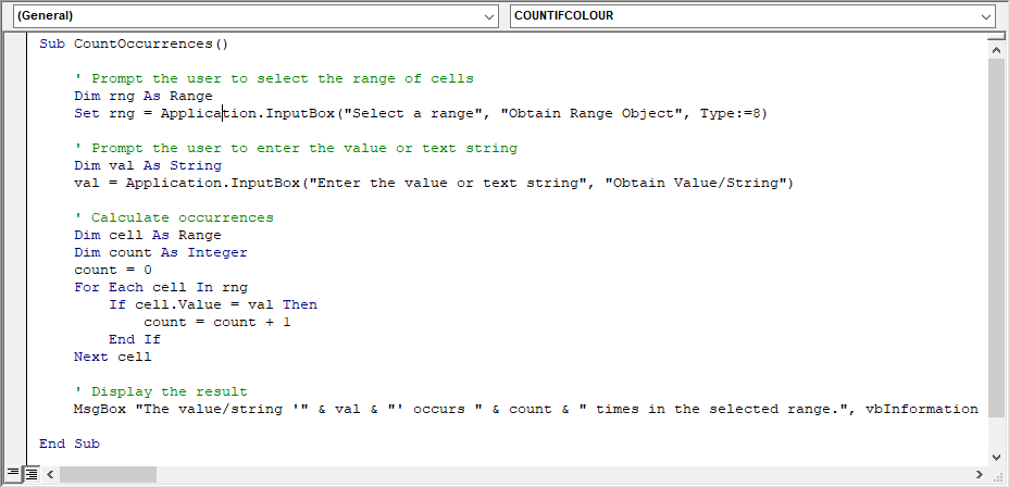The VBA script for occurrence count