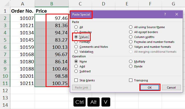 Use Paste Special to replace values