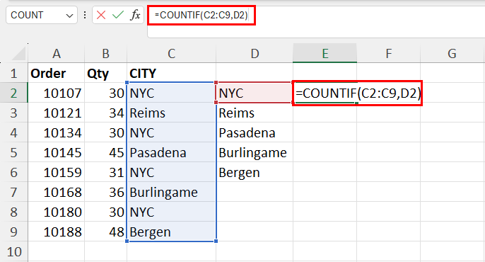 Using COUNTIF to calculate occurrence