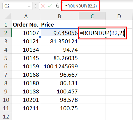 Using ROUNDUP function for decimals