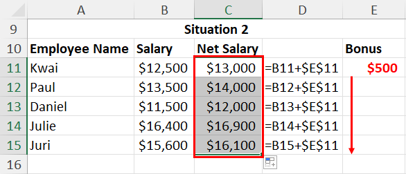 Using fill handle to copy absolute references