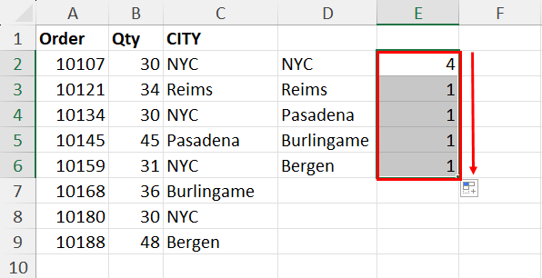 Using fill handle to copy formula