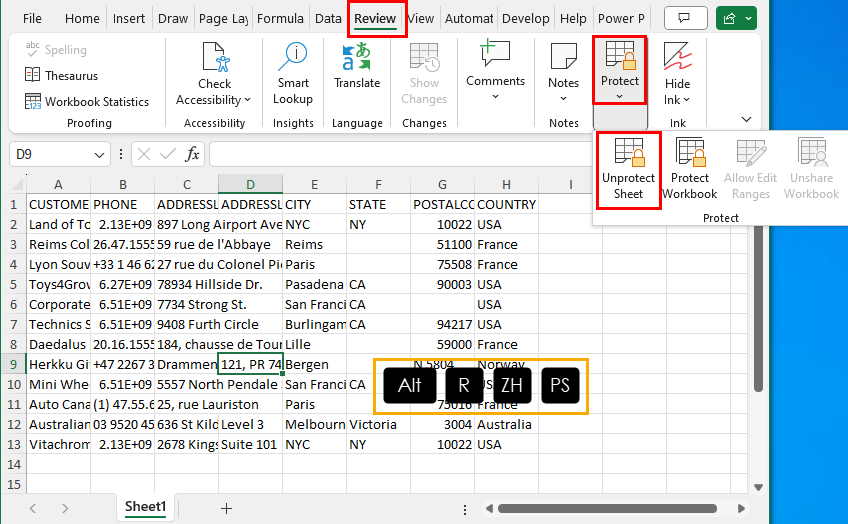 Using the Review tab to unprotect sheet