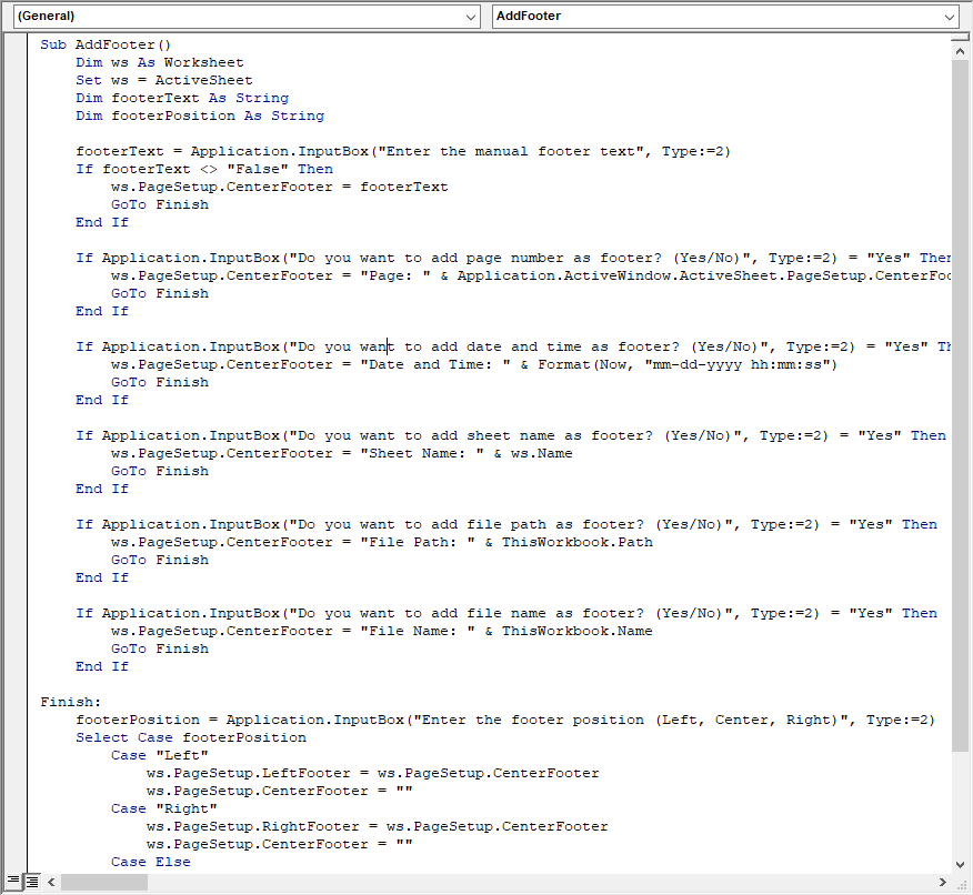 VBA script to add footer