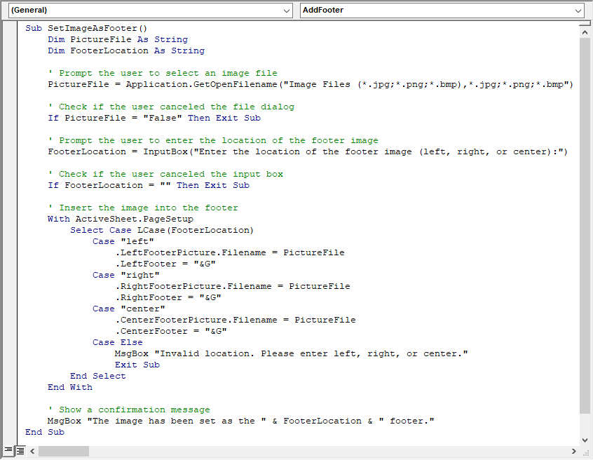 VBA script to add image as footer