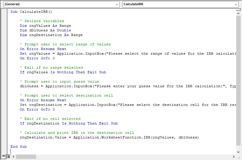 VBA script to calculate IRR