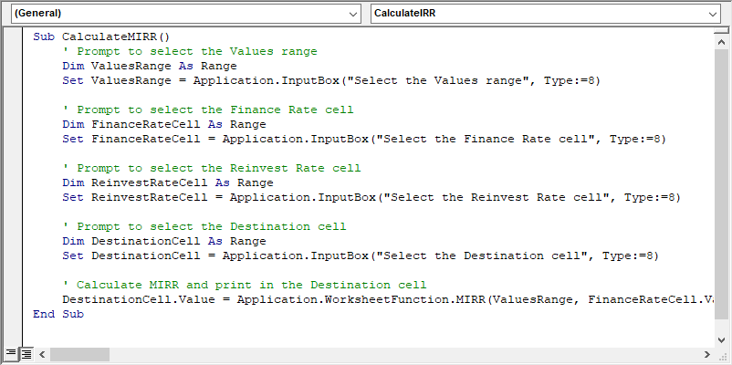 VBA script to calculate MIRR