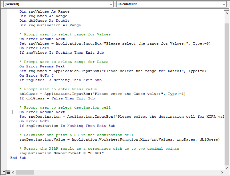 VBA script to calculate XIRR