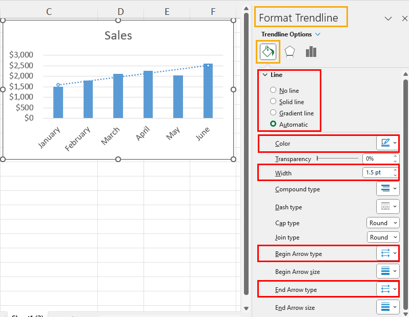 Fill & Line formatting options