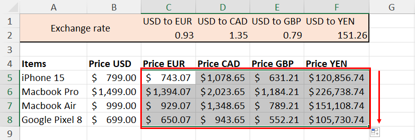 Fill down the column