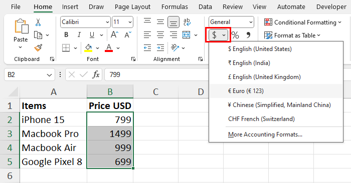 Other currency formats