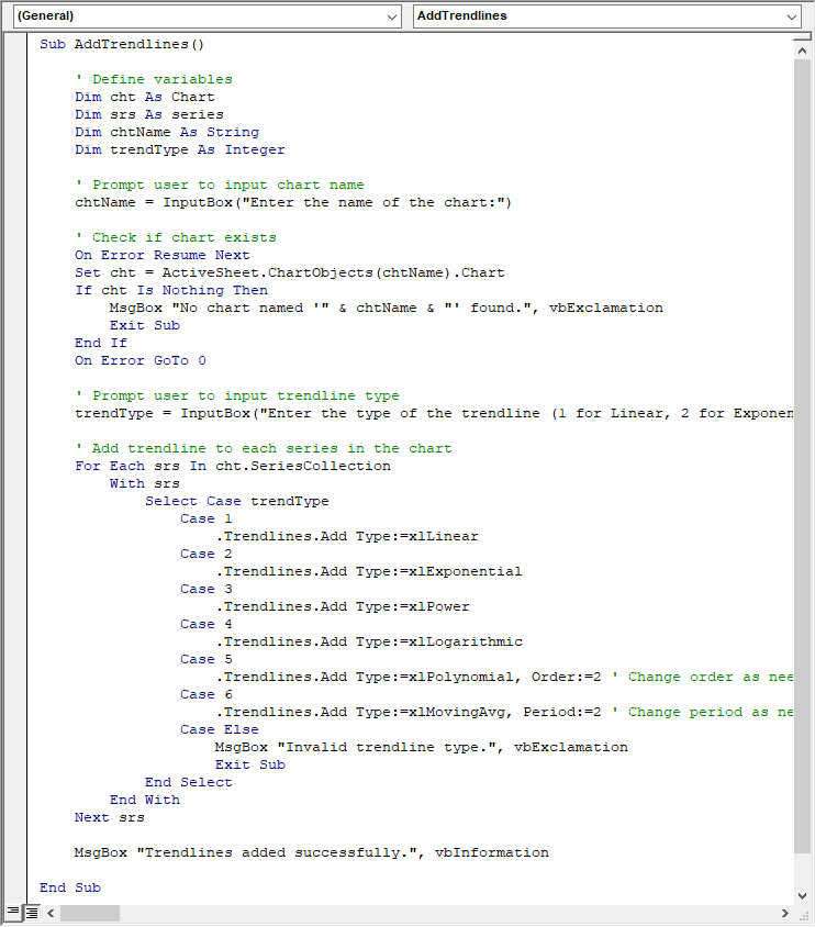 VBA script to create trendlines