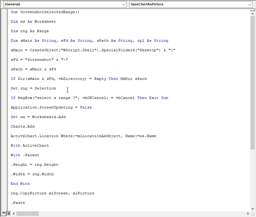 Screenshot selected range VBA
