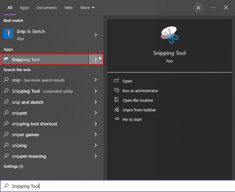 Snipping tool on Start menu