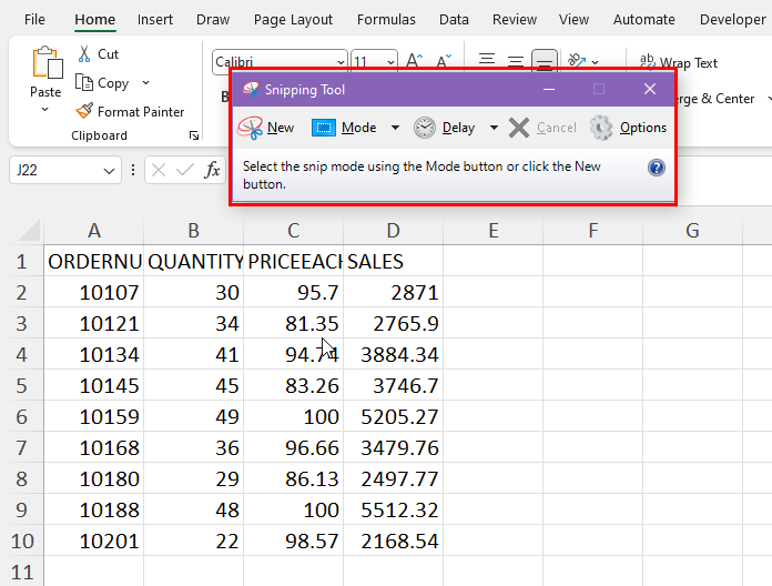 Snipping tool on the source worksheet