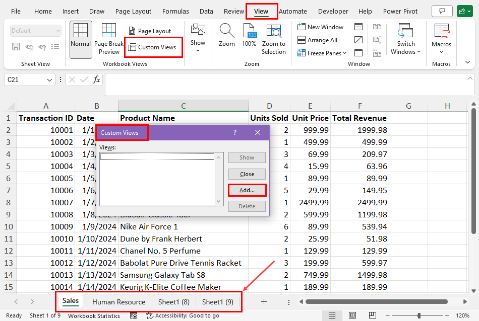 Custom Views dialog box
