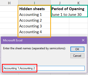 Enter sheet names to unhide