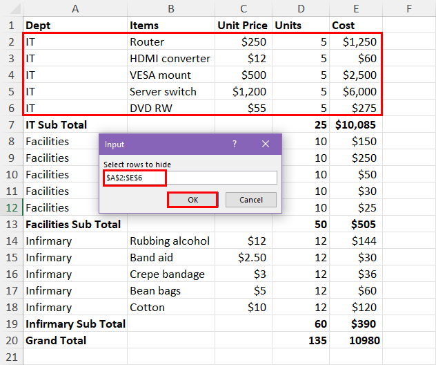Input box to enter cell ranges
