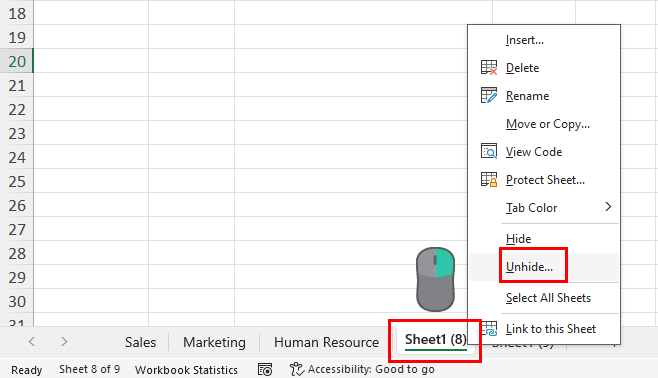 Right-click on any visible sheet
