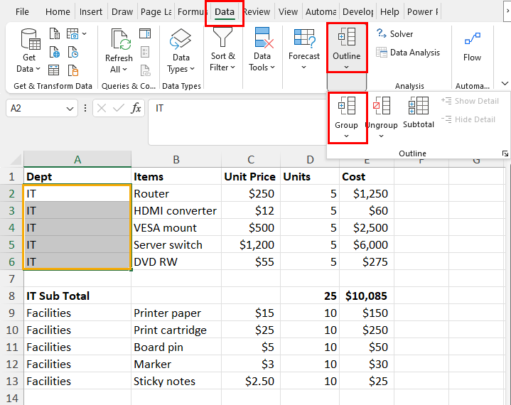 Select cells and click on Group