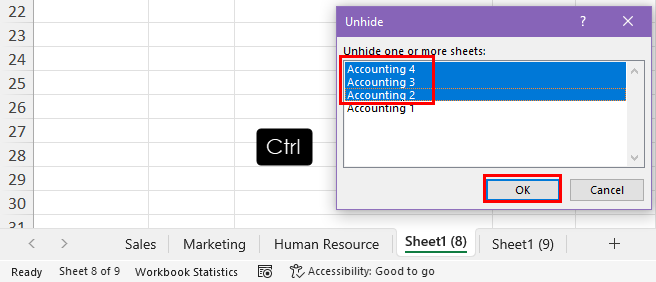 Select multiple sheets to unhide
