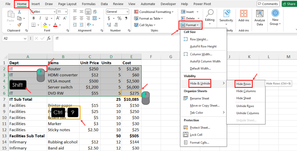 Select rows to be hidden