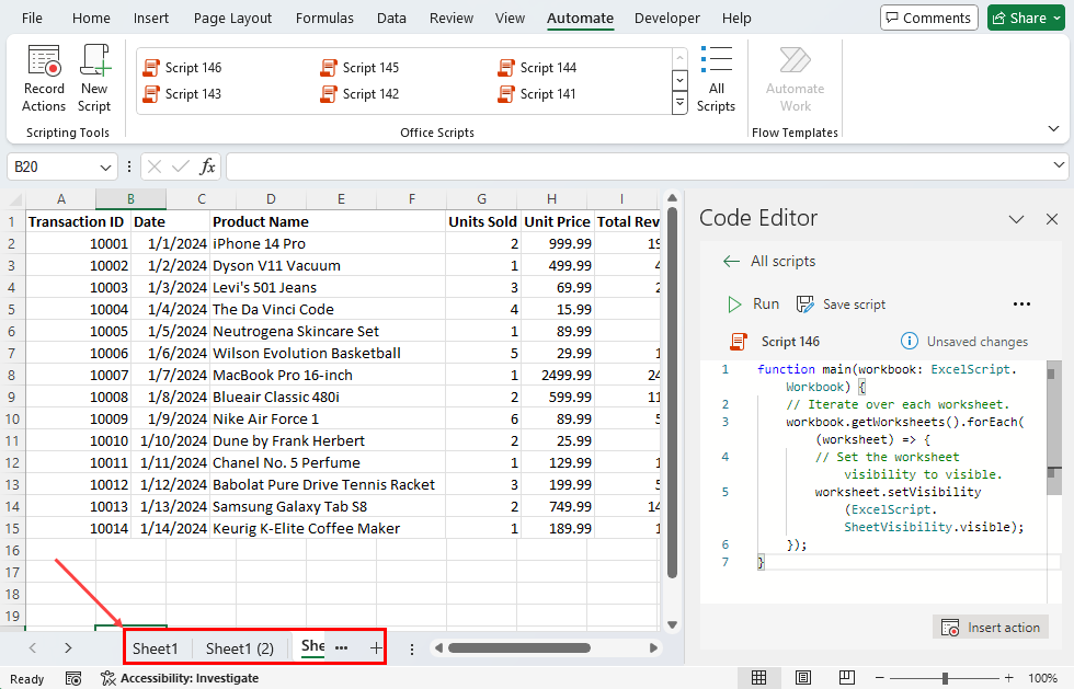 Unhidden sheet using Office Scripts
