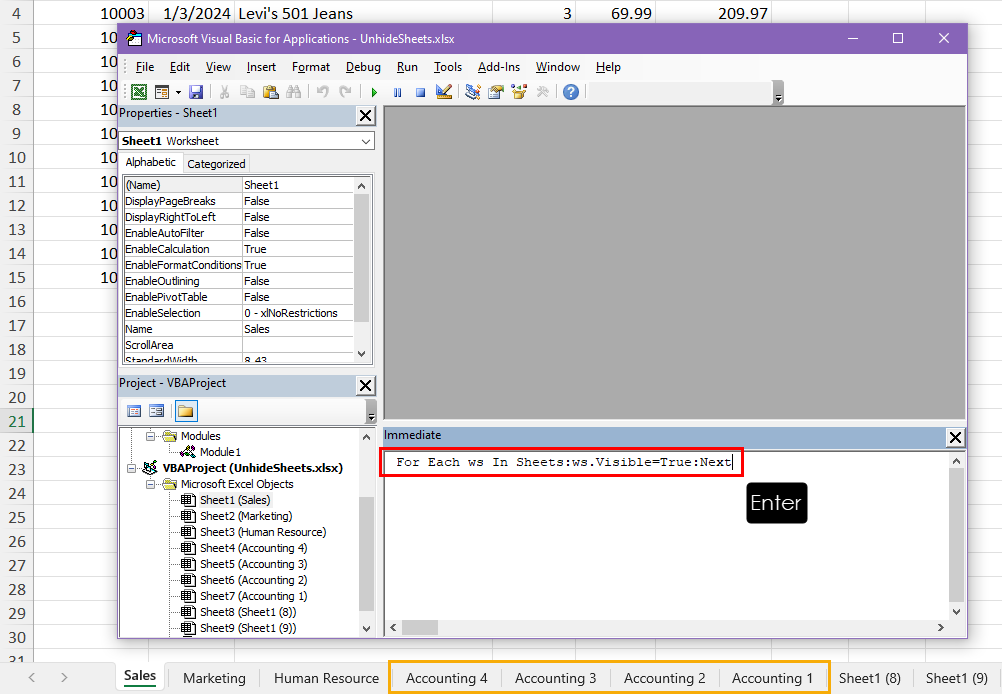 Unhidden sheets with Immediate Window command