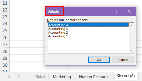 Unhide dialog box