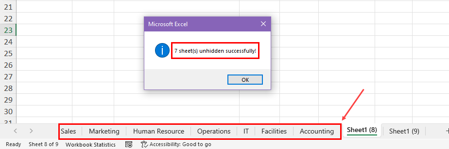 Unhide worksheet in Excel using a list in VBA