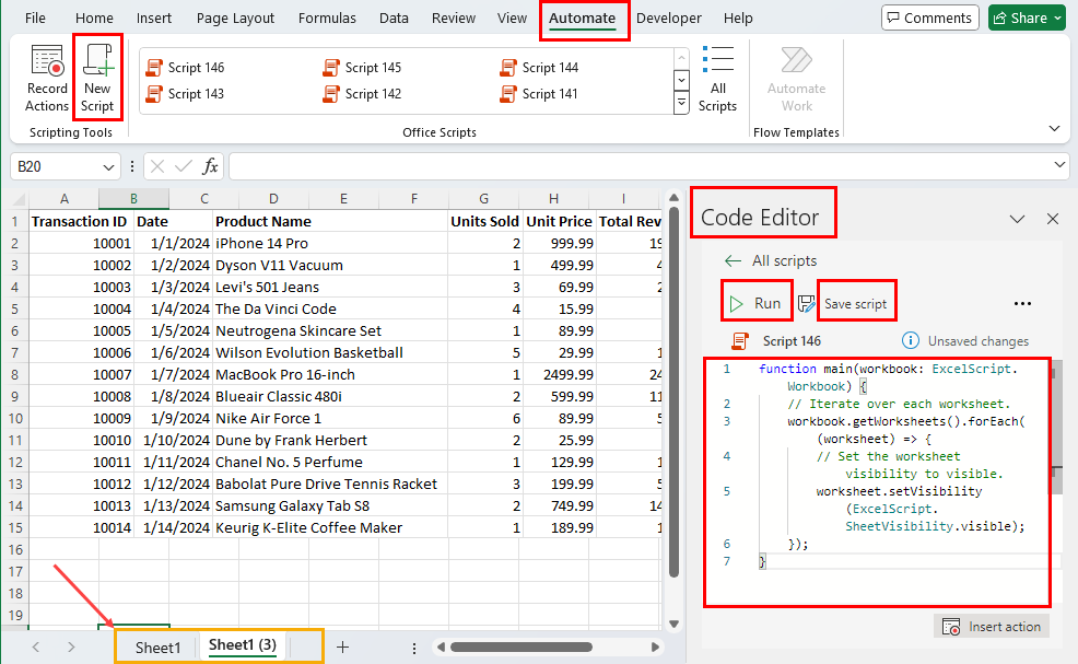 Use Office Scripts script