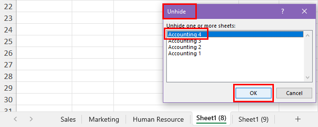 select one sheet to unhide