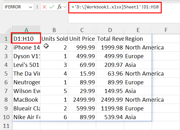 Example dataset for closed workbook referencing