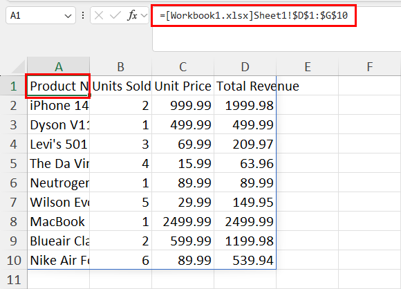 Example dataset for referencing open workbook sheets