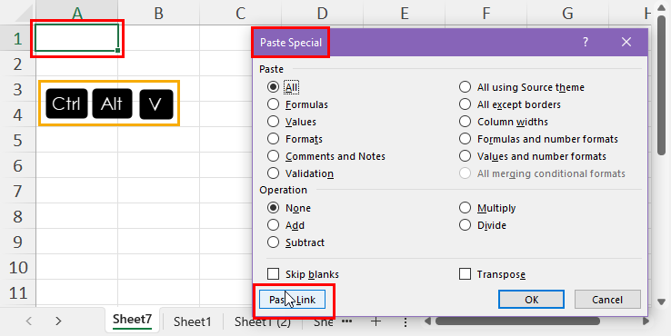 Paste Special dialog box Paste Link
