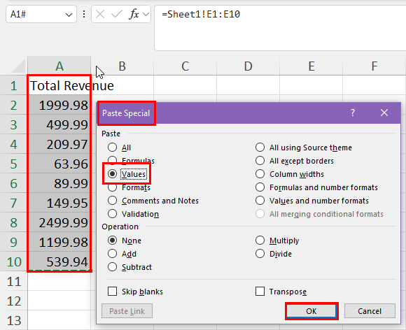 Paste Special dialog box