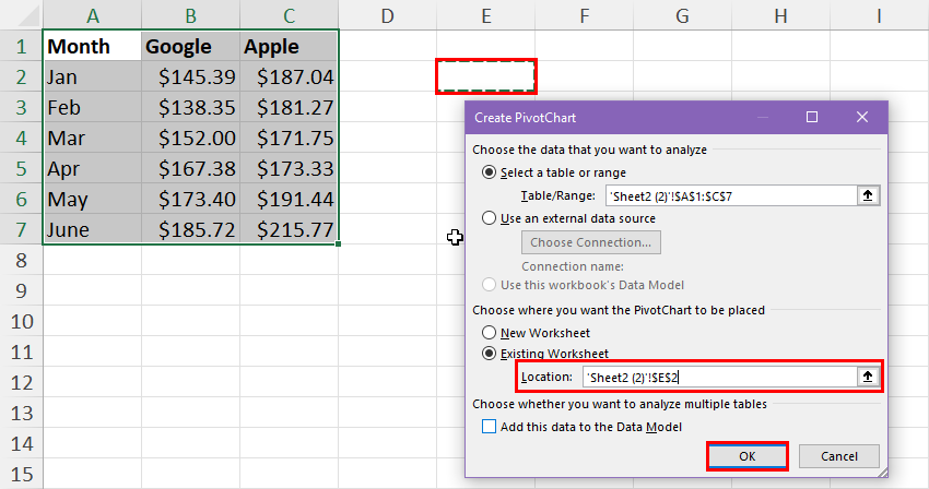 Selecting a custom destination on worksheet