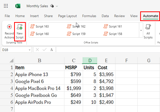 Automate tab
