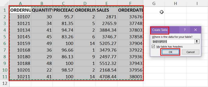 Create Table dialog